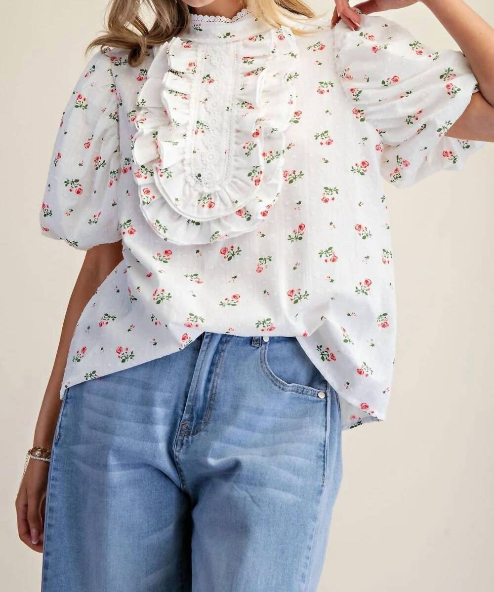 NEW EASEL voile puff sleeves top in white floral